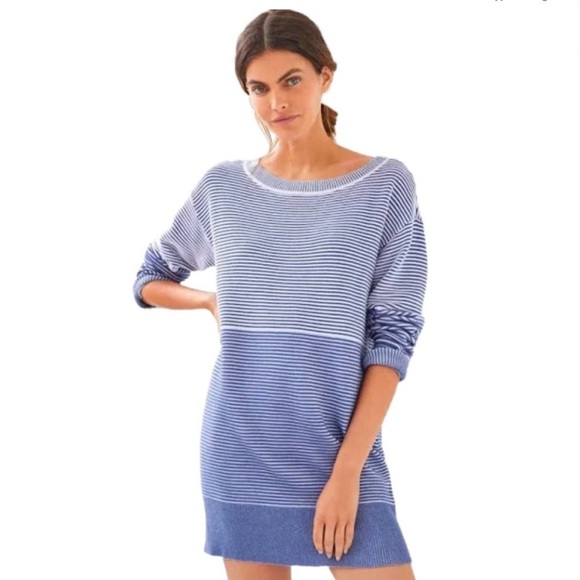 ANTHROPOLOGIE Daily Practice SM White Blue Striped SOFT Knit Sweater Dress Tunic - Picture 2 of 12